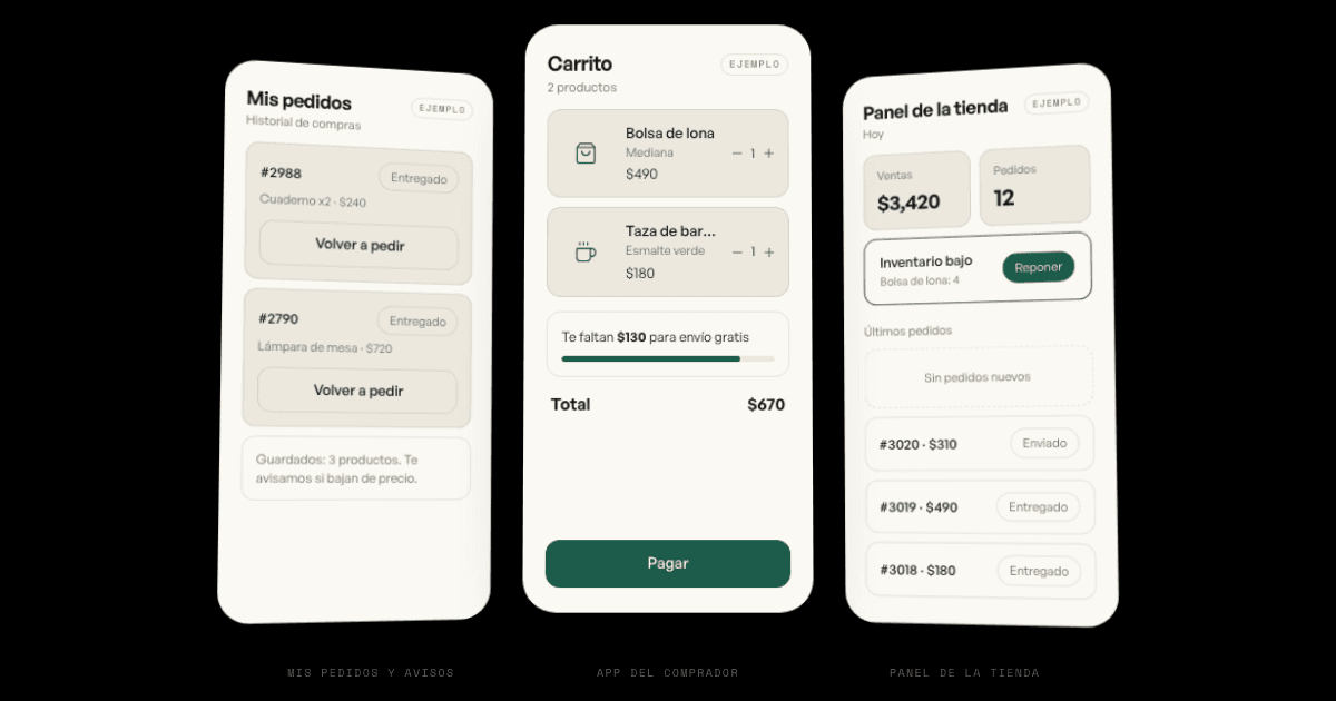 Tres pantallas de ejemplo de una app de tienda en línea: historial de pedidos, carrito del comprador y panel de la tienda