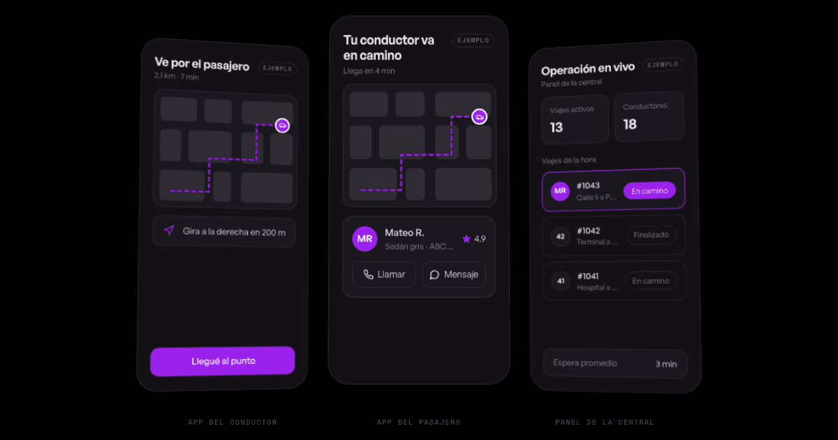 Tres pantallas de ejemplo de una app de transporte: app del conductor, app del pasajero y panel de la central