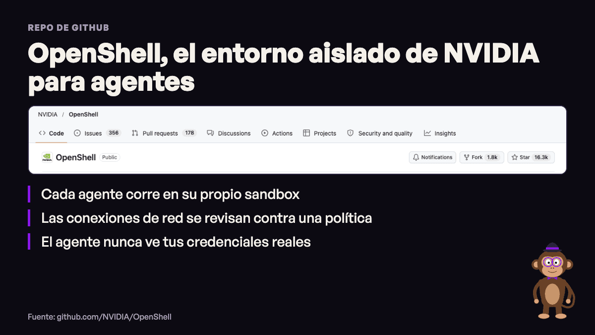 Tarjeta sobre NVIDIA OpenShell, el entorno aislado para correr agentes de IA, con el chango de creaun.app
